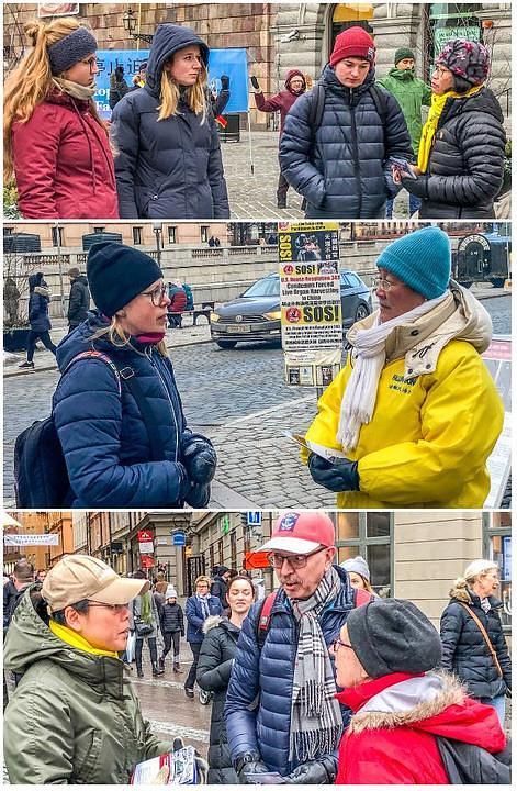 Prolaznici traže više informacija od Falun Gong praktikanata na Mynttorgetu u centru Stokholma.
