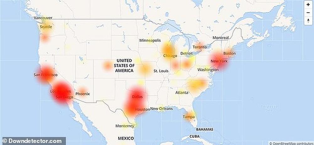 "Ova slika prikazuje kartu prekida Google usluga u SAD. Prekidi su trajali skoro sat i po i završili su se oko 22:30 GMT (17:30 EST), kazali su iz kompanija za internetske servise"