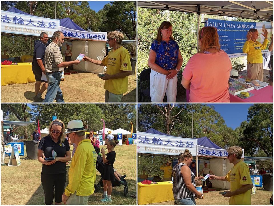 Stanovnici i turisti dobijaju informacije o Falun Dafa na festivalu u Knox City Councilu.