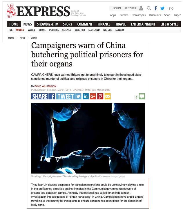 Članak koji je objavio Sunday Express 31. marta 2019. godine, koji otkriva prisilnu žetvu organa u Kini.