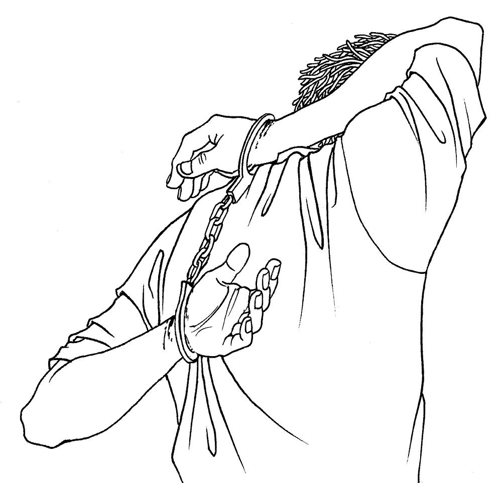 Ilustracija mučenja: Stavljanje lisica iza leđa s jednom rukom prebačenom preko ramena 