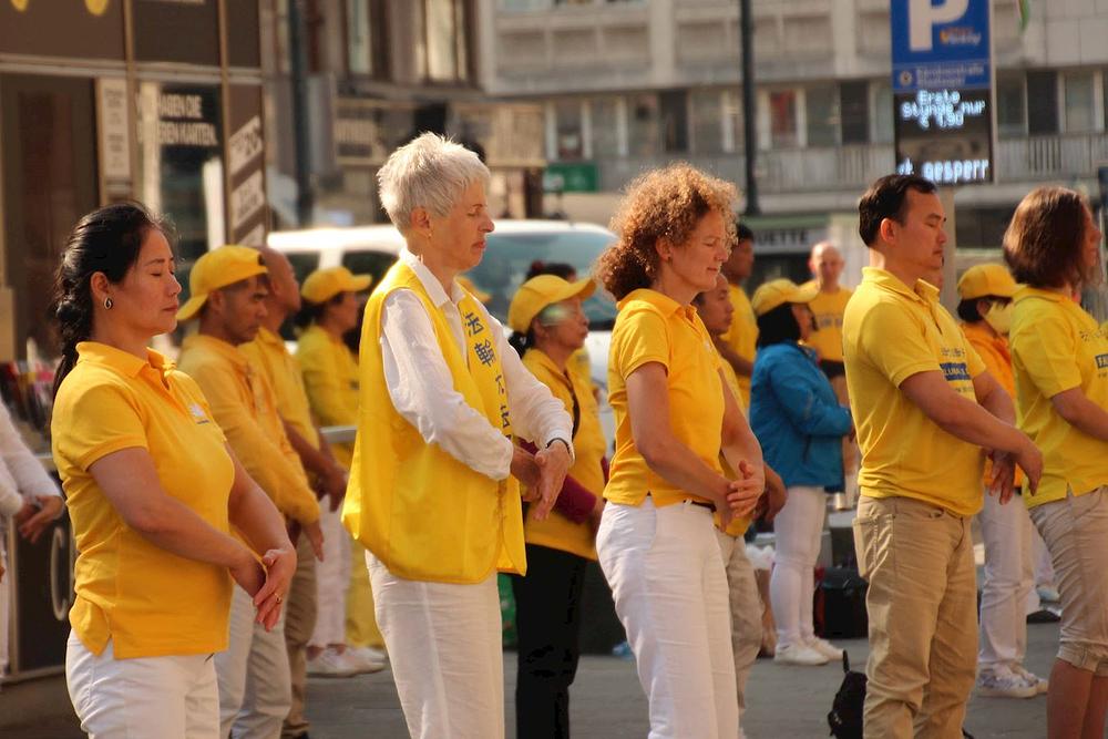 Praktikanti iz obližnjih evropskih zemalja su se okupili na trgu ispred državne opere u Beču u Austriji. Demonstrirali su izvođenje pet Falun Dafa vježbi i ljudima govorili o praksi.