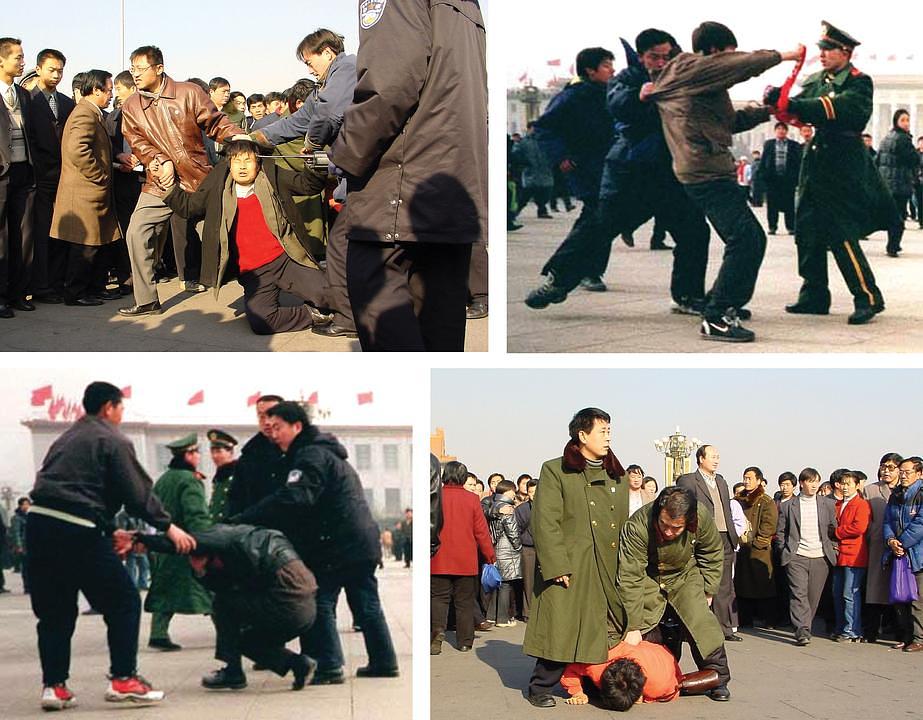 Premlaćivanje praktikanata za vrijeme miroljubivih protesta protiv progona na Tiananmen Trgu u Pekingu 2000. godine.