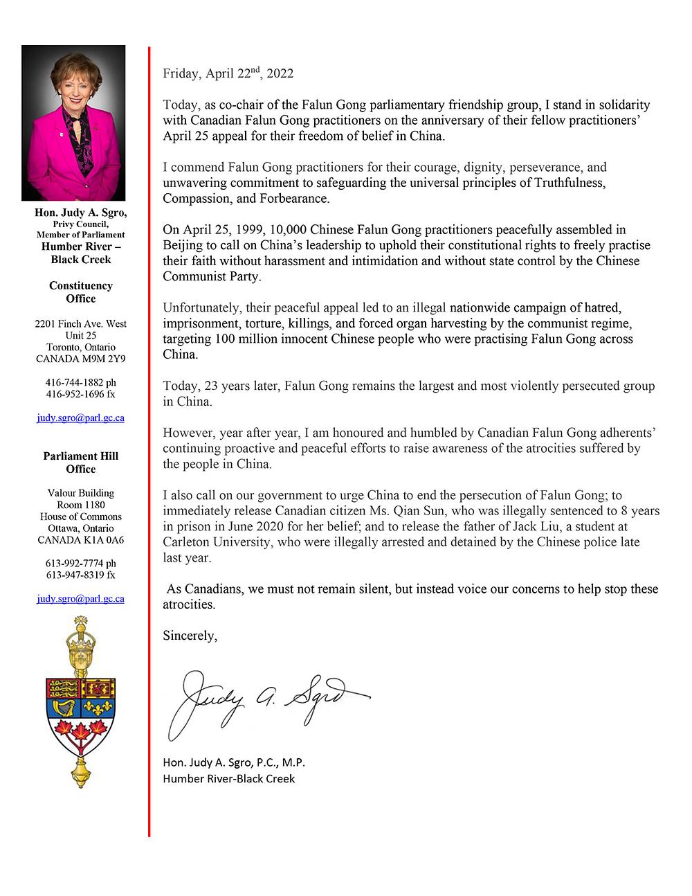 Pismo poslanice Judy Sgro, kopredsjedavajuće parlamentarne grupe prijatelja  Falun Gonga. 