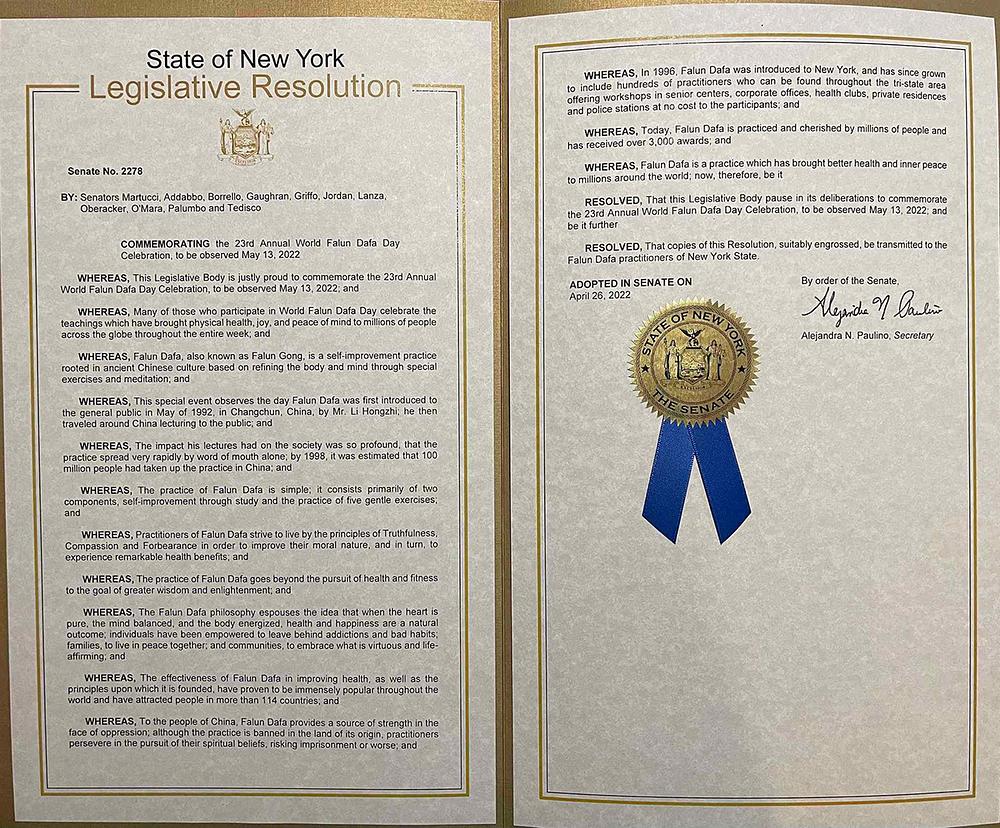 Senat države New York je, 26. aprila, usvojio Rezoluciju J2278 u čast Falun Dafa dana.