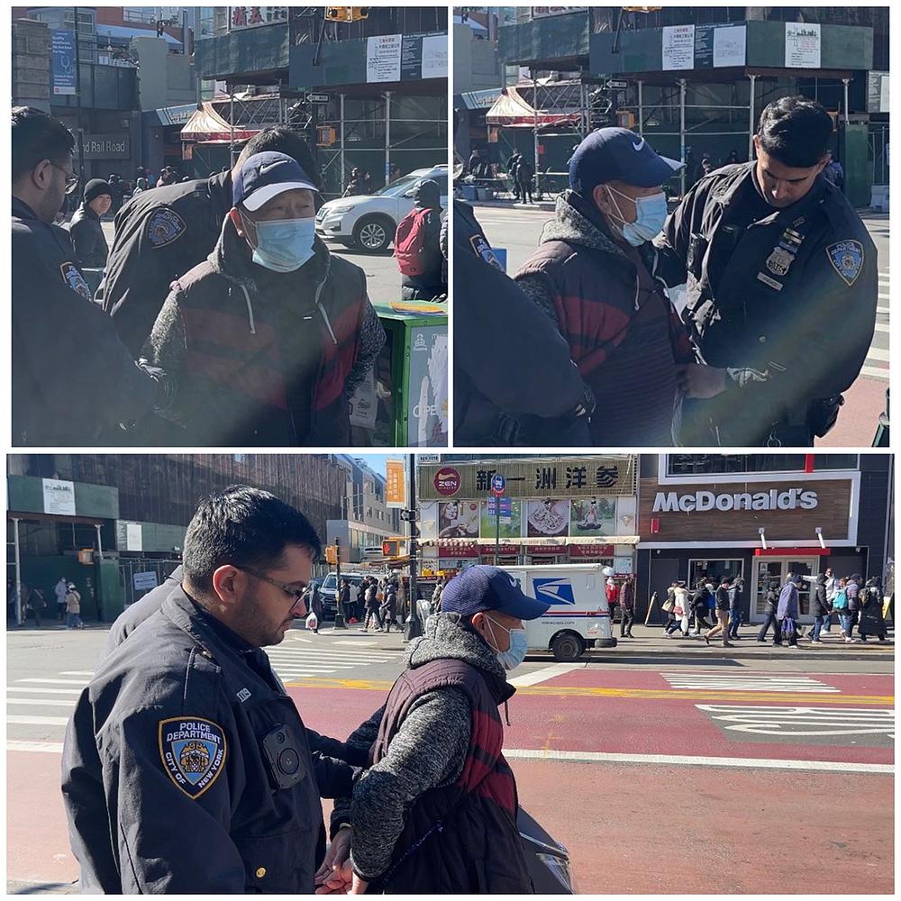 18\. februara 2023. godine, oko 11 sati po njujorškom vremenu, policajci su uhapsili Džongping Kija, koji je napao praktikante Falun Gonga. Stavili su mu lisice na ruke i odvezli ga policijskim automobilom. (Fotografiju obezbedili Falun Gong praktikanti)