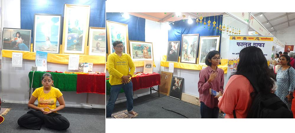 Dvoje mladih praktikanata demonstriraju Falun Dafa vježbe na sajmu knjiga.