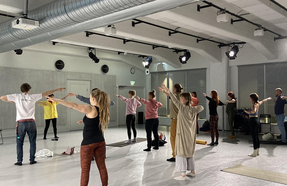  Posjetioci Jooga Festivala u Helsinkiju uče kako se rade Falun Dafa vježbe.
