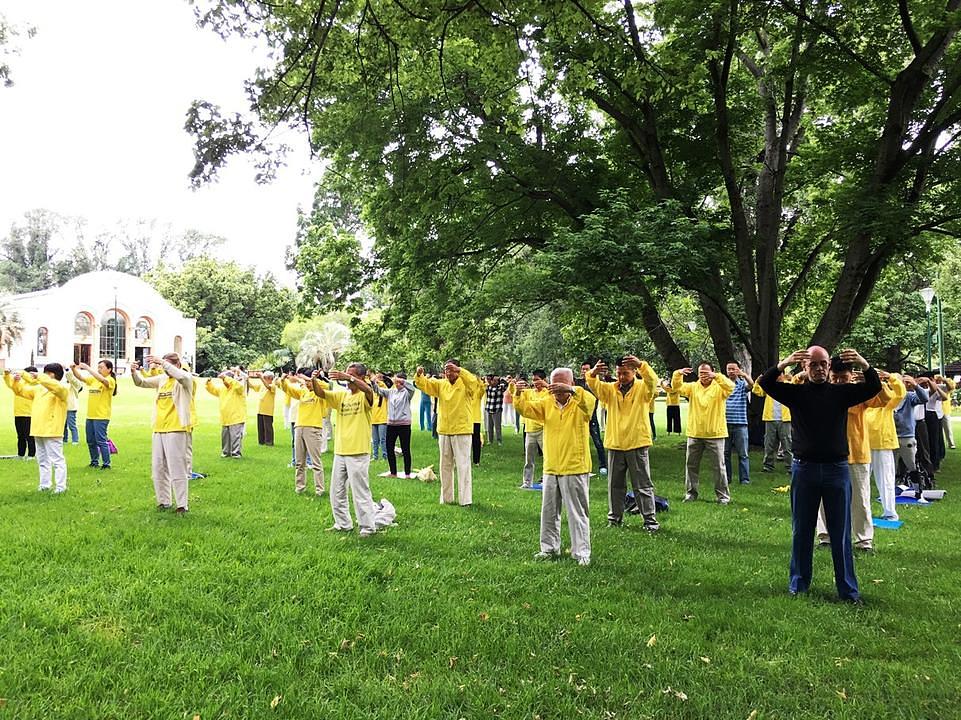Praktikanti Falun Gonga iz Melbournea izvode vježbe u grupi 1. januara 2017. godine. 