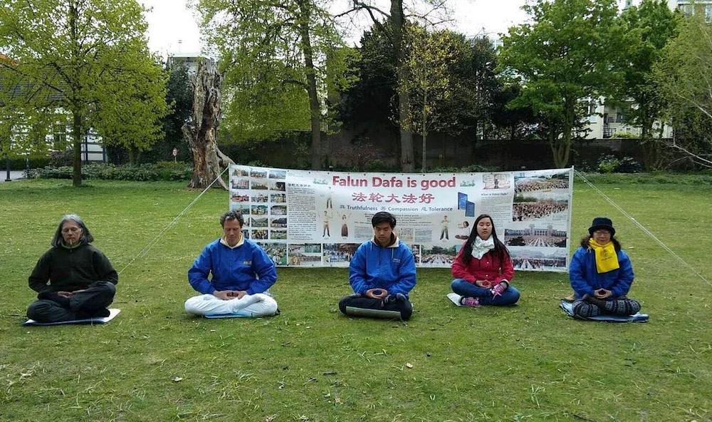 Praktikanti vrše prezentaciju Falun Dafa vježbi u Royal Garden parku u Hagu.