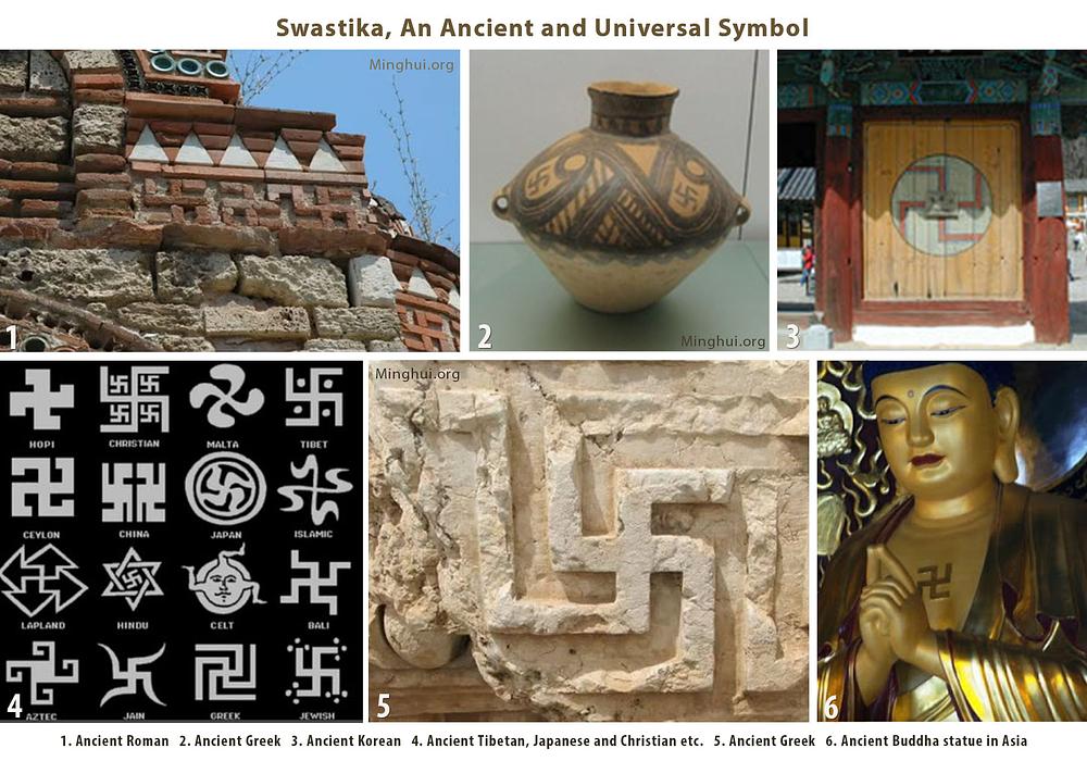  Slika pokazuje korištenje swastika u drevnim arhitekturama i posuđu, u doba  Rimljana, Grka, Azijaca i drugih kultura.