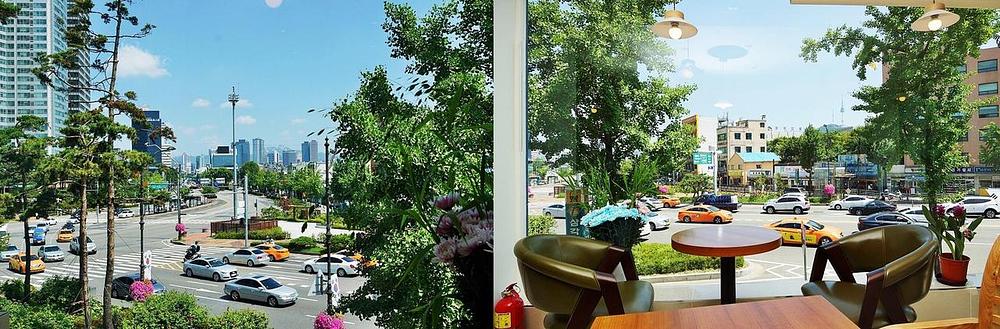 Iz knjižare se pruža širok pogled na grad, uključujući i znamenitost Seoula Bukhansan. 