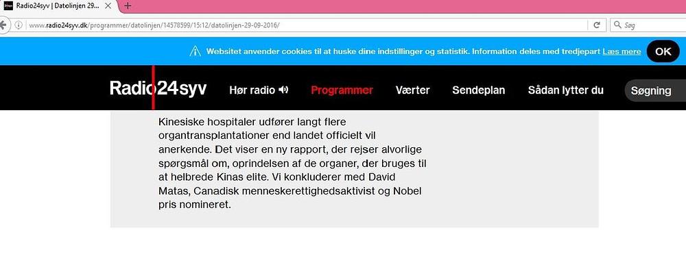 Snimak web stranice Radio24syv na kojoj je objavljen intevju, gdje se citiraju zaključci istraživača da su stvarne brojke transplantacija organa u Kini puno veće od onih koje navodi kineska vlast. 