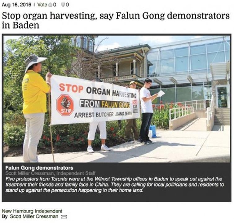 New Hamburg Independent je objavio članak pod naslovom: „Zaustavite žetvu organa, kažu Falun Gong demonstranti u Badenu“.