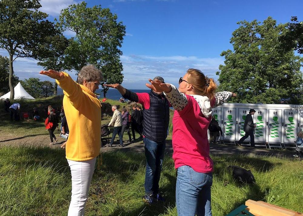 Posjetioci Folkemødeta uče Falun Gong vježbe.