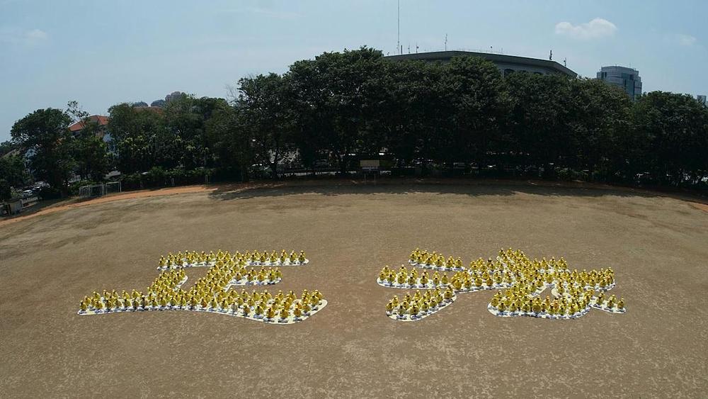 Nakon marša, praktikanti su na lokalnoj plaži svojim tijelima napravili dva velika kineska znaka značenja „Fa ispravljanje“