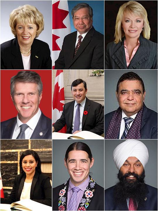 Shen Yun Performing Arts je primio čestitke i pohvale od devet saveznih zakonodavaca iz Kanadskog parlamenta: (s lijeva na desno, odozgor nadolje) Judy Sgro, član kanadskog parlamenta za Humber River - Black Creek; Thanh Hai Ngo, senator iz Ontaria; Candice Bergen, vođa Opozicione kuće; John Aldag, član kanadskog parlamenta za Cloverdale-Langley City; Michael David Chong, član kanadskog parlamenta za Wellington - Halton Hills; Deepak Obhrai, član kanadskog parlamenta za Calgary Forest Lawn; Ruby Sahota, član kanadskog parlamenta za Brampton North; Robert-Falcon Ouellette, član kanadskog parlamenta za Centralni Winnipeg i Randeep Sarai, član kanadskog parlamenta za Centralni Surrey.