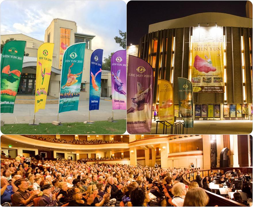 Kompanija Shen Yun iz New Yorka je održala sedam rasprodatih predstava u dva pozorišta okruga San Diego, Kalifornija, u periodu od 30. januara do 4. februara 2018. godine. Gore lijevo: Kalifornijski centar za umjetnost u Escondidou. Gornje desno: San Diego Civic Theatre u San Dijegu. Dolje: nastup Shen Yuna u pozorištu