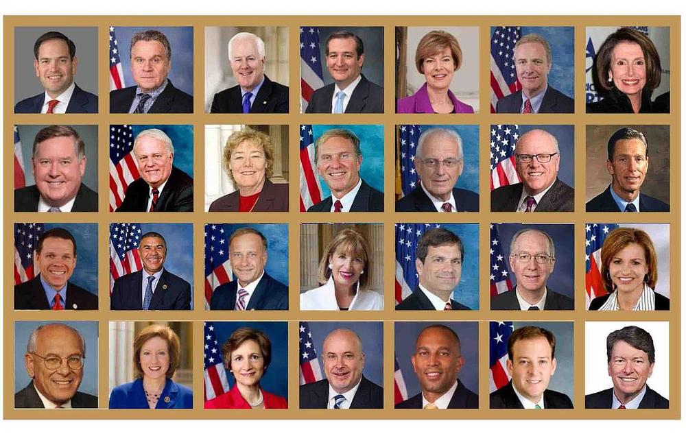 Senatori i kongresmeni koji su poslali podršku Falun Gongu. S leva na desno: Senator Marco Rubio (FL), Senator Chris Smith (NJ), Senator John Cornyn III (TX), Senator Ted Cruz (TX), Senator Tammy Baldwin (WI), Senator Chris Van Hollen (MD), Kongresmen Nancy Pelosi (CA), Kongresmen Jim Sensenbrenner (WI), Kongresmen Ken Calvert (CA), Kongresmen Zoe Lofgren (CA), Kongresmen Steve Chabot (OH), Kongresmen Bill Pascrell Jr. (NJ), Kongresmen Joseph Crowley (NY), Kongresmen Stephen Lynch (MA), Kongresmen Sam Graves (MO), Kongresmen William Clay (MO), Kongresmen Steve King (IA), Kongresmen Jackie Speier (CA), Kongresmen Gus Bilirakis (FL), Kongresmen Bill Foster (IL), Kongresmen Lynn Jenkins (KS), Kongresmen Paul Tonko (NY), Kongresmen Suzanne Bonamici (OR), Kongresmen Vicky Hartzler (MO), KongresmenMark Pocan (WI), Kongresmen Hakeem Jeffries (NY), Kongresmen Lee Zeldin (NY), and Kongresmen John Faso (NY) 