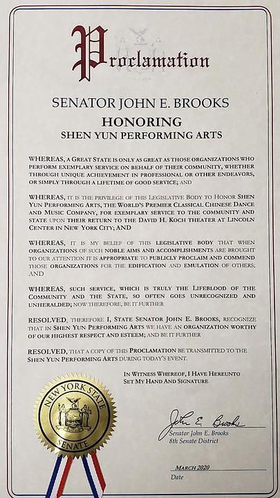 Proglas  senatora države New York John E. Brooksa.
 