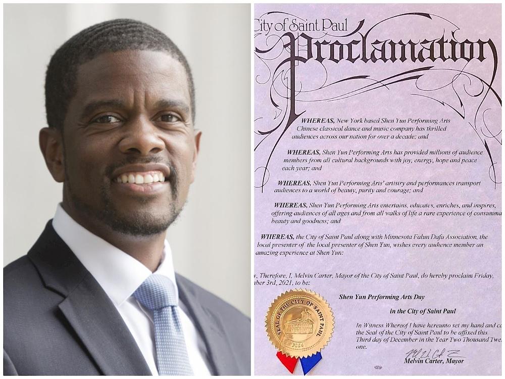 Melvin Carter, gradonačelnik grada Saint Paula, također je izdao proglas, proglašavajući 3. decembar 2021. godine danom „Shen Yun Performing Arts u gradu Saint Paul“. (Minghui.org)