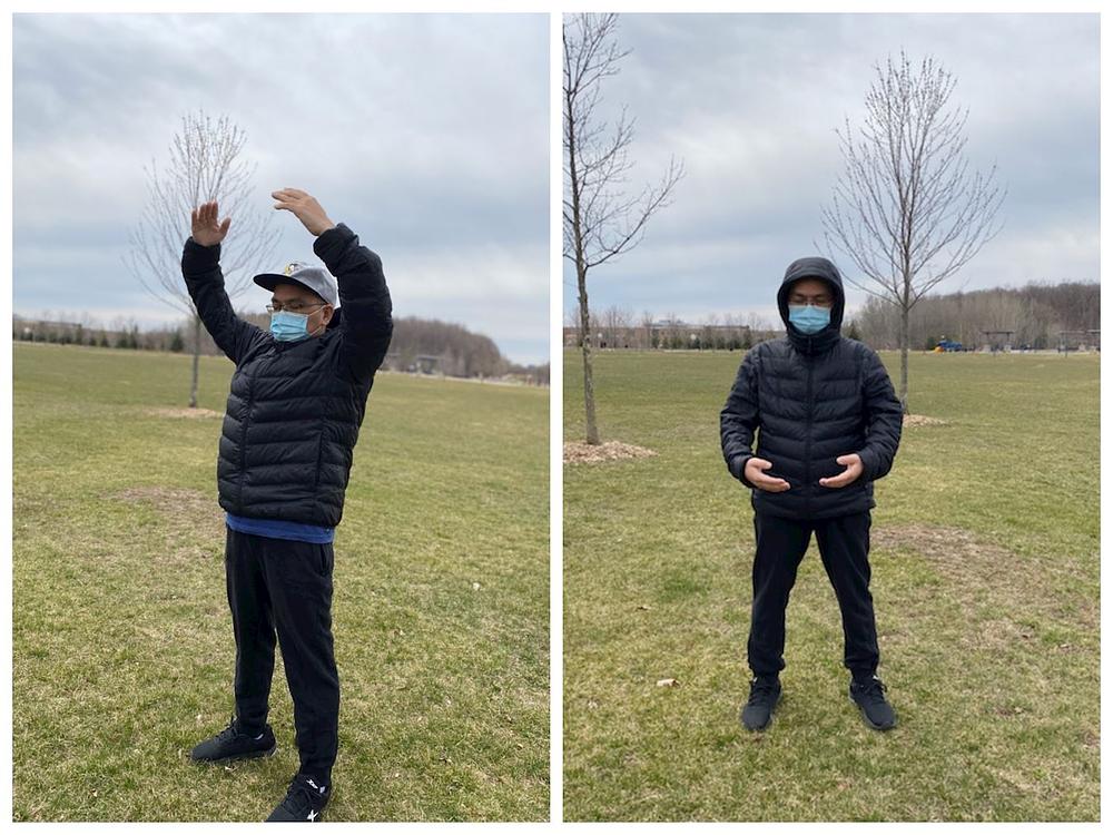 Gospodin Liu, u svom dvorištu, radi drugu Falun Gong vježbu.