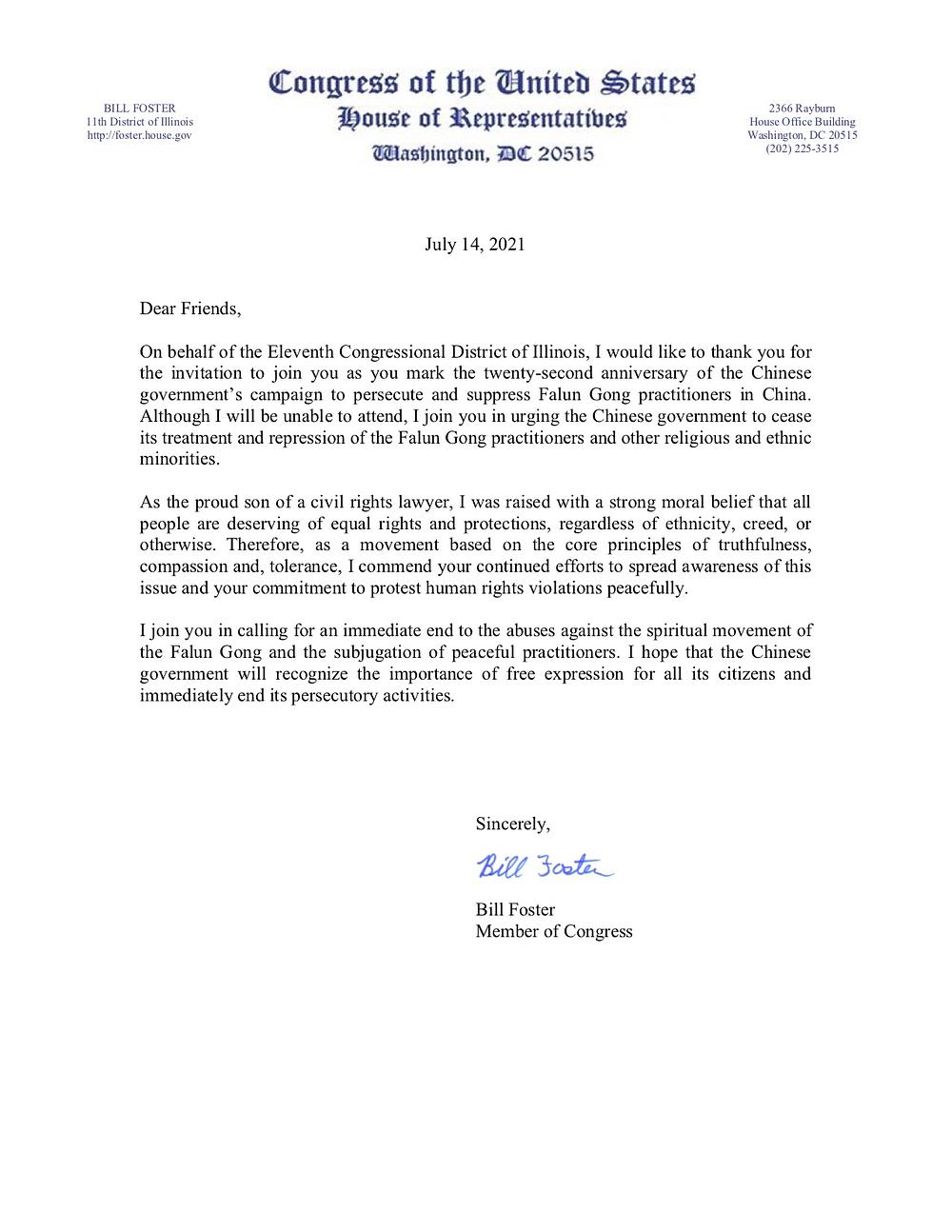 Pismo zastupnika iz Illinoisa Billa Fostera 