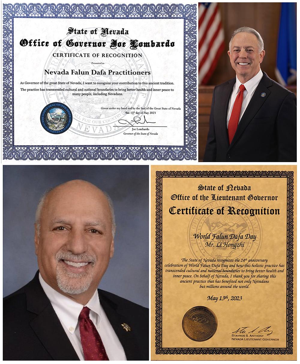 Guverner Joe Lombardo (gore) i podguverner Stavros Anthony iz Nevade su predstavili priznanja o odavanju priznanja gospodinu Li Hongzhiju za njegov doprinos zdravlju ljudi.